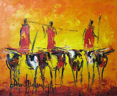 Maasai Herding Cattle by David Ndambuki African Art Gallery, Traditional African Art, Culture Artwork, Kenyan Artists, Afrique Art, African Paintings, Contemporary African Art, Umbrella Art, Watercolor Art Paintings