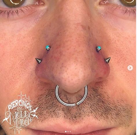 Had the pleasure of working on this new asymmetrical project. . . #PiercingsByMollyMoon #piercingbymollymoon #mollymaemoon #mollymae #Piercings #Piercing #Nostrilpiercing #NosePiercing #DoubleNosePiercing #DoubleNationalPiercing #GuysWithPiercings #Oshkosh #DowntownOshkosh #920TattooCompany #920Tattoo #920tattooco #Wisconsin #UWOshkosh #uwo #beardeddragon High Nostril Piercing Double, Double Nostril Piercing, High Nostril Piercing, Double Nose Piercing, Nostril Piercing, Unique Faces, Some Body, Body Piercings, Body Modifications