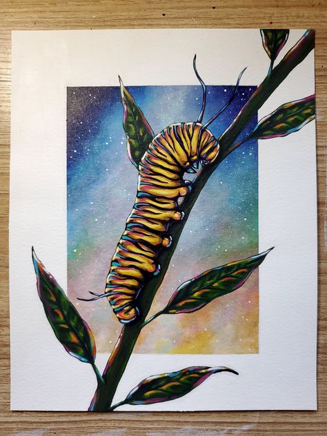 Colorful Monarch Caterpillar on Milkweed ORIG Painting Butterflies Acrylic, Caterpillar Painting, Insect Painting, Watercolor Scenes, Monarch Butterflies Art, Caterpillar Art, Watercolor Negative Painting, Watercolor Painting Easy, Monarch Caterpillar