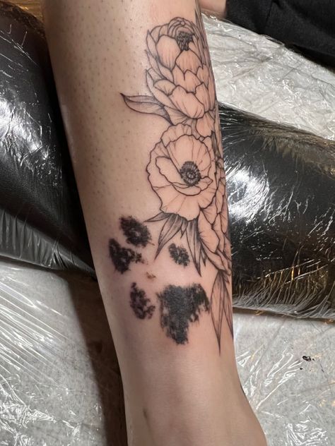 Paw Print And Floral Tattoo, Paw Print Half Sleeve Tattoo, Paw Print Cover Up Tattoo, Paw Print Tattoo Flowers, Paw Prints With Flowers Tattoo, Floral Dog Paw Tattoo, Paw And Flower Tattoo, Flower And Paw Print Tattoo, Paw Print And Flower Tattoo