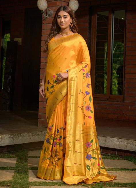 Yellow Paithani, Paithani Silk Saree, Yellow Traditional, Paithani Saree, Traditional Saree, Yellow Saree, Ready To Wear Saree, Wedding Designer, Designer Sarees Online