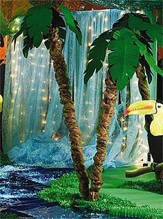 jungle diy decorations - Google Search Parade Float Ideas, Waterfall Decoration, Jungle Theme Decorations, Homecoming Floats, Christmas Parade Floats, Jungle Decorations, Luau Party Decorations, Jungle Scene, Vbs Themes