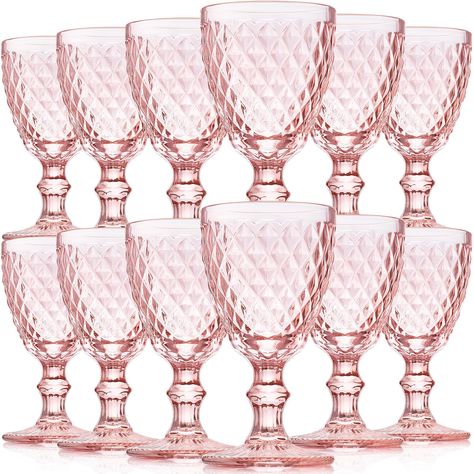 Pink Glassware Set, Water Goblets Wedding, Bridgerton Brunch, Chinoiserie Party, Pink Drinking Glasses, Pressed Glassware, Tea Party Table Settings, Pink Table Settings, Tea Room Decor