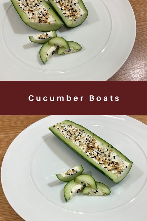 A plate with a halved cucumber filled with cream cheese and topped with everything bagel seasoning. Cucumbers With Cream Cheese And Everything Bagel Seasoning, Cucumbers Cream Cheese Everything Bagel, Cucumber Cream Cheese And Everything Bagel Seasoning, Cucumber With Everything Bagel Seasoning, Cucumbers And Cream Cheese, Cucumber Boats With Cream Cheese, Cucumber Cream Cheese Snack, Cucumber Cream Cheese Everything Bagel, Cucumber Everything Bagel