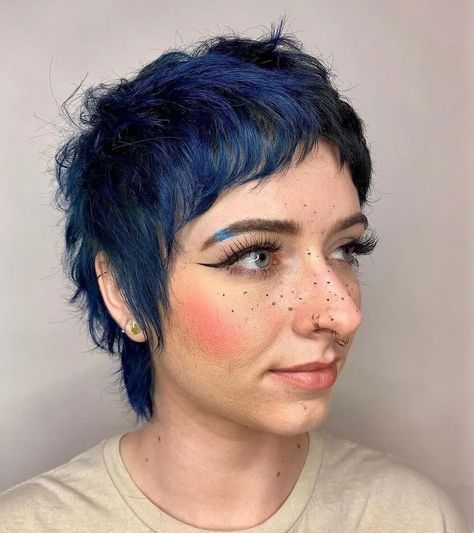 Women Short Mullet, Mixie Pixie Haircut, Mixie Pixie Mullet, Blue Mullet, Dyed Pixie Cut, Mullet Pixie, Edgy Pixie Cut, Pixie Mullet, Future Hairstyles