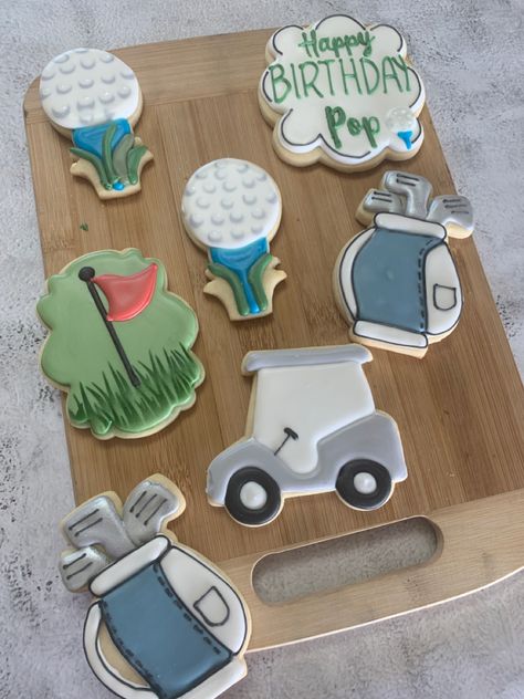 Golf theme decorared sugar cookies. So cute and tasty too Golfing Cookies Decorated, Golf Theme Sugar Cookies, Golf Cart Cookies Decorated, Golf Cookies Royal Icing, Golf Sugar Cookies Decorated, Golf Themed Cookies, Golf Cookies Decorated, Dream Cookies, Golf Cookies