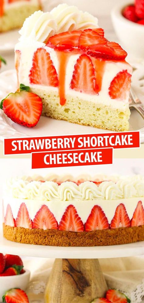 Cheesecake Strawberry Shortcake, Strawberry Shortcake No Bake Cheesecake, Strawberry Desserts Cheesecake, Fun Cheesecake Ideas, Cheesecake With Cake Base, Cheesecake Recipes Fruit, Beautiful Baked Goods, Spring Cheesecake Recipes, How To Decorate Cheesecake