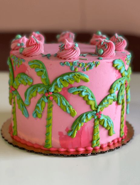 Lilly Pulitzer Birthday Cake, Pink And Teal Birthday Cake, Flamingo Cookie Cake, Lilly Pulitzer Cake, Unisex Birthday Cake, Beachy Cake, Palm Tree Cake, Coastal Cake, Luau Birthday Cake