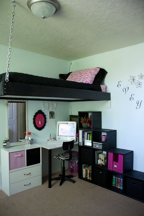 homemade loft bed... great way to save space! Loft Bed With Ramp, Cool Loft Beds, A Loft Bed, Beds For Small Rooms, Kids Loft Beds, Awesome Bedrooms, Teen Room, Cool Beds