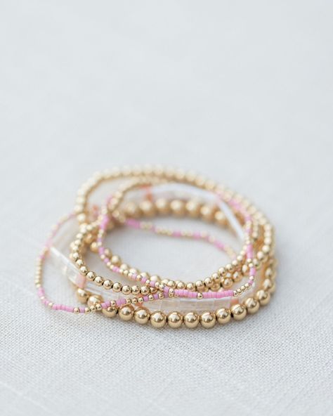 - 2mm gold filled ball beads mixed with color glass seed beads - 6.5 inches Gold And Pink Bracelet Stack, Pink And Gold Beaded Bracelet, Hazel Boutique Bracelets, Gold And Pink Bracelet, Pink And Gold Bracelet, Trendy Bracelets 2024, Gold And Pink Jewelry, Cute Gold Jewelry, Bracelet Stack Ideas