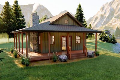 62697dj render 1547573589 Cozy Great Room, Large Covered Porch, Cozy Vacation, Cabin Plan, Small Cabin Plans, Cathedral Ceilings, Charming Cottage, Cabin Floor Plans, Small House Floor Plans