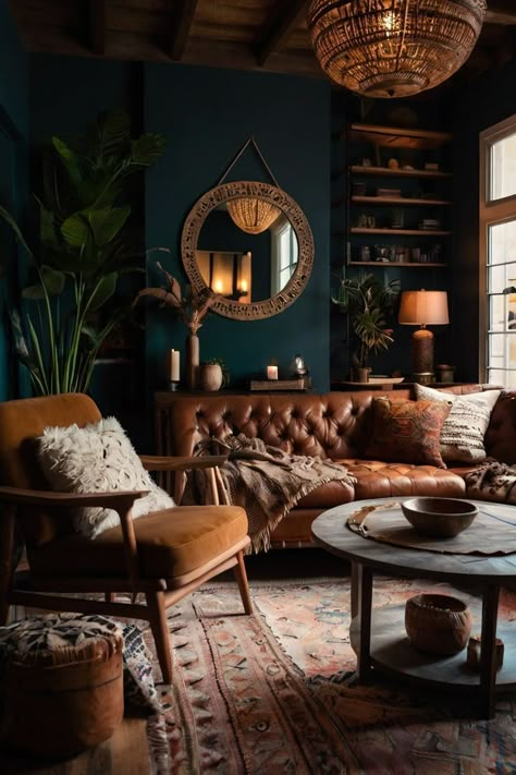 Boho Living Room Colored Walls, Living Room Dark Decor, Moody Bohemian Decor, Dark Boho Gallery Wall, Bold Mid Century Modern Living Room, House Interior Boho Chic, Living Rooms With Low Ceilings, Black Boho Living Room Ideas, Dark Lounge Ideas Living Rooms