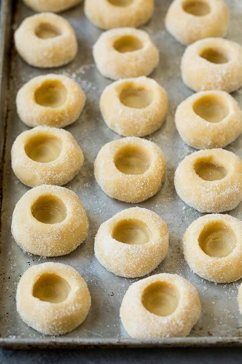 Thumbprint Cookies | Sugar Cookies #cookies #baking #christmas #dessert #dinneratthezoo Vanilla Thumbprint Cookies, Nutella Thumbprint Cookies, Chocolate Spritz Cookies, Pillsbury Sugar Cookies, Thumbprint Cookie, Jam Thumbprint Cookies, Christmas Cookie Recipes Holiday, Eggnog Cookies, Gf Cookies