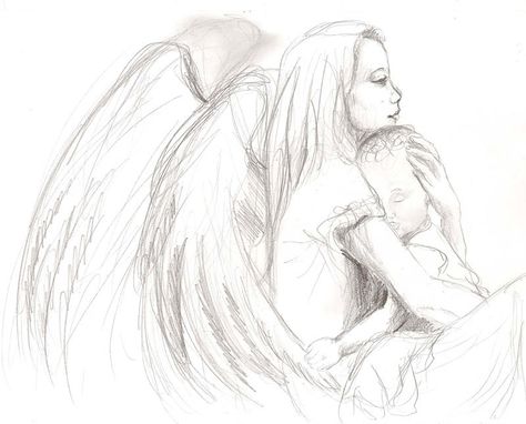 I made this guardian angel sketches for my friend who just got a baby boy. She wanted to have an oil painting of a guardian angel watching over her newborn baby. At first she told me she’d li… Angel Drawings, Female Angel, Angel Sketch, Pencil Drawings For Beginners, Tree Drawings Pencil, Angel Drawing, Art Sketches Pencil, Art Drawings Sketches Pencil, Angel Painting