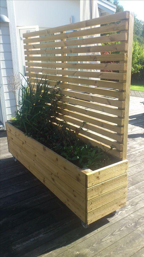 Spalje/blomlåda/vindskydd på hjul DIY Outdoor Lattice Ideas, Plantar Boxes Diy, Cheap Diy Privacy Fence Ideas, Landscaping Wall Ideas, Privacy Planter Boxes, Privacy Planters, Privacy Planter, Small Patio Decor, Front Verandah