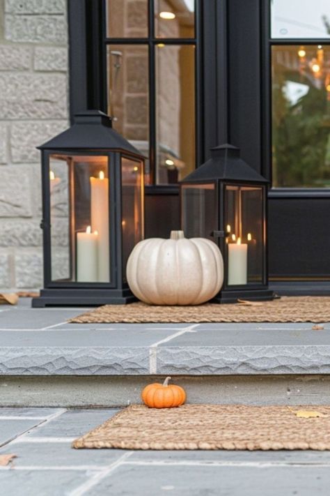 Fall Door Entrance Ideas, Halloween Outdoor Porch Decorations, Front Steps Fall Decor Ideas, Small Fall Porch, Fall Porch Decorating Ideas, Lantern Decorations, Halloween Setup, Fall Feast, Autumn House