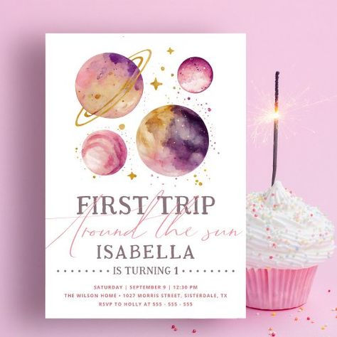 $2.77 | Outer Space Pink Watercolor Cute Girl 1st Birthday | Birthday Invitations | first trip around the sun, 1st birthday, first birthday, pink, space birthday, outer space theme, pink galaxy, watercolor, girl 1st birthday, girl birthday invitation First Birthday Space, Sun Birthday Invitation, Space Invitation, Bunny Invitations, First Trip Around The Sun, Outer Space Theme, Girl 1st Birthday, Pink Galaxy, Watercolor Cute