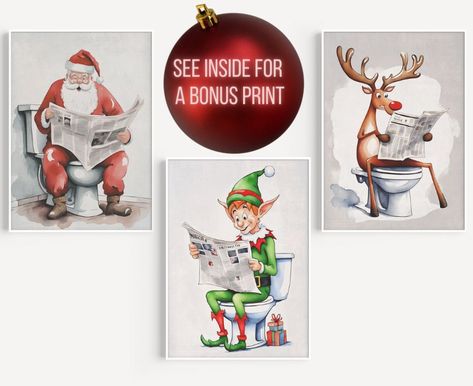 Santa on a Toilet, elf on a toilet, funny guest bathroom Art Prints Christmas Bathroom Art, Toilet Prints, Toilet Funny, Reading The Newspaper, Bathroom Art Printables, Holiday Bathroom, Colour Illustration, Toilet Decoration, Man Reading