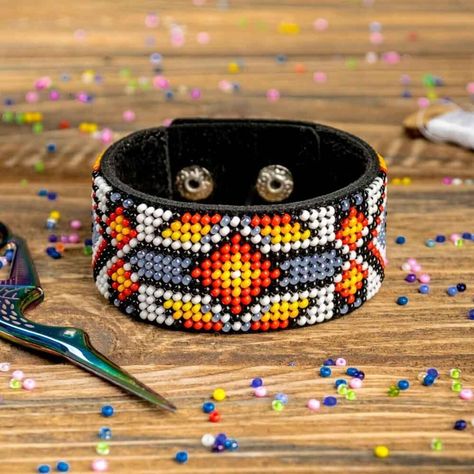 DIY Bead Embroidery Kit Bracelet on Leather Kit Beaded - Etsy Wonderland Crafts, Embroidered Bracelet, Leather Kits, Leather Embroidery, Beautiful Beaded Bracelet, Diy Bead Embroidery, Bracelet Kit, Embroidery Bracelets, Jewelry Making Kits