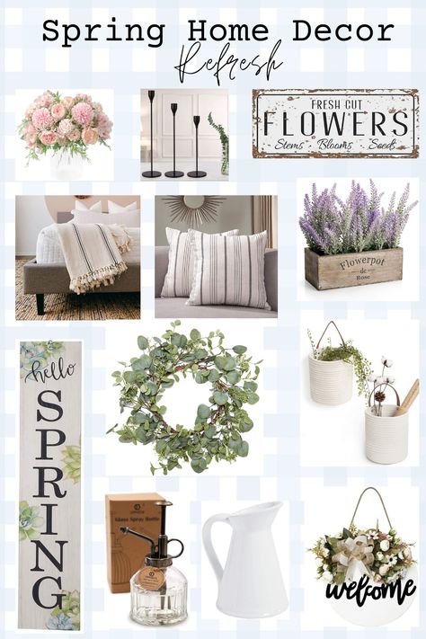 Spring Home Decor Refresh. Here's a roundup of spring home decor if you are feeling the need for a home refresh and some inspiration! When To Start Planting For Spring, April Decor, Modern Farmhouse Porch Decor, Entryway Shelves Decor, Spring Door Decorations, Blossom Aesthetic, Farmhouse Spring Decor, Spring Mantle Decor, Spring Favorites