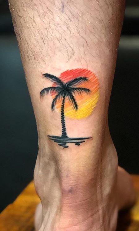 Pineapple Palm Tree Tattoo, Palm Trees Tattoo Men, Palm Tree With Sunset Tattoo, Palm Tattoos Men, Sun Palm Tree Tattoo, Palm Tree And Sun Tattoo, Beach Tattoo For Men, Palm Tree Tattoos For Women, Palm Tree Tattoo Men