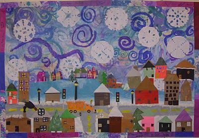 winter mural collage- Could be a really cool school wide collaborative project. :) Winter Mural, Winter Art Lesson, Group Art Projects, Collaborative Art Projects, Winter Art Projects, Watercolor Lessons, Winter Ideas, 12 December, Library Displays