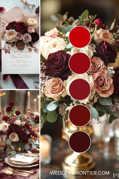 Burgundy wedding theme ideas for a deep, sophisticated palette. Red And Purple Wedding Theme Color Schemes Bridesmaid Dresses, Deep Wedding Colors, Wedding Color Schemes With Red, 2025 Fall Wedding Trends, Red Wedding Theme Color Schemes, Burgundy Wedding Color Palette, Mulberry Wedding Color Scheme, Burgundy Theme Wedding, Red Wedding Color Palette