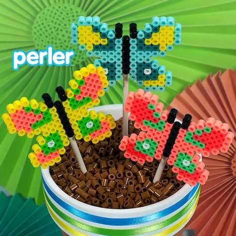 Perler Butterfly, Butterfly Bouquet, Beaded Bouquet, Spring Butterfly, Melty Beads, Spring Bouquet, Family Crafts, Perler Beads Designs, Perler Bead Art