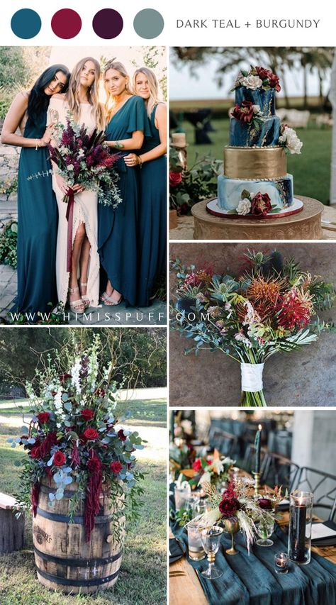 Dark Teal and Burgundy Jewel-Toned Wedding Color Ideas  #wedding #weddingcolors #weddingideas Teal Wedding Colors Schemes, Dark Teal Weddings, Teal And Burgundy, Dusty Rose Wedding Colors, Teal Wedding Colors, Burgundy Wedding Colors, Wedding Color Ideas, Jewel Tone Wedding, Green Wedding Colors