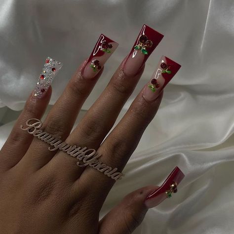 22 Birthday Nails Acrylic Short, Long Duck Nails Y2k, All Diamond Nails, Dope Nail Designs Stilettos, Slim Duck Nails, Baddie Duck Nails, Cherry Charm Nails, Y2k Nails Aesthetic, Red Junk Nails