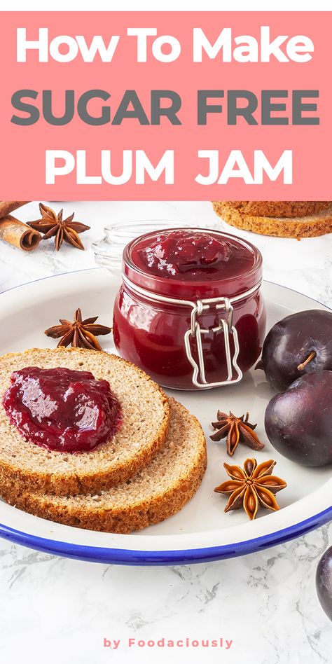 Plum Jam Recipe Homemade, Low Sugar Plum Jam Recipe, Sugar Free Plum Jam Recipe, Plum Jam Recipe Easy, Plum Recipes Healthy, Sugar Plum Recipes, Plum Recipe, Low Sugar Jam Recipes, Plum Jam Recipe