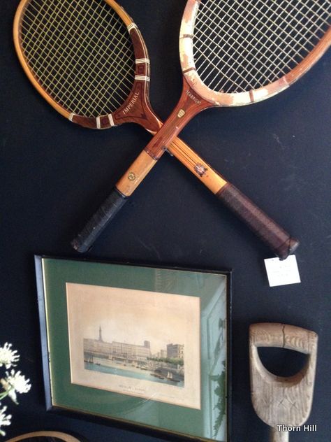 Vintage Tennis Racquets Decor, Hang Tennis Rackets On Wall, Decorating With Tennis Rackets, Racket Wall Decor, Tennis Racket On Wall, Tennis Rackets On Wall, Antique Tennis Racket Decor, Vintage Sports Equipment Decor, Wooden Tennis Racket Decor