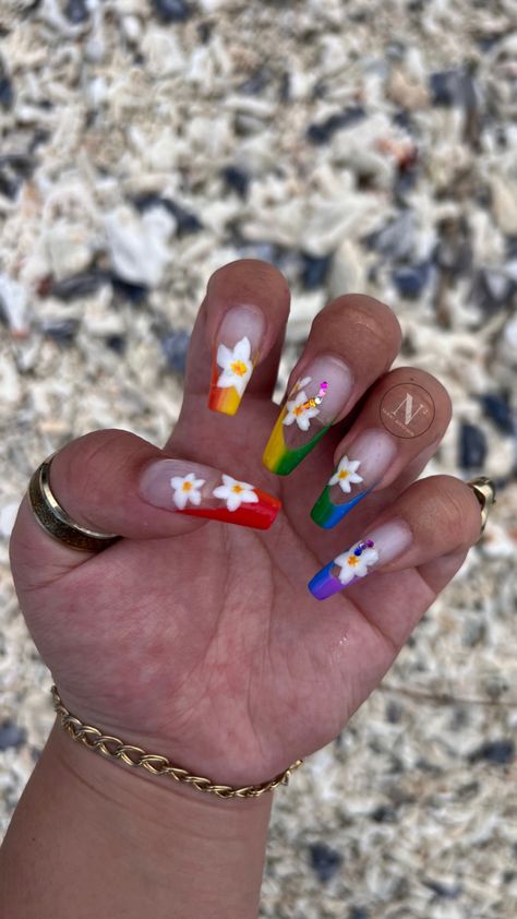 06.11.23 | first ever pride set!!! first set worn in PI 🥰🥰 such a special set for such a special time in my life. ombre french tips, hand-painted sampaguitas, and jeweled stems representing lesbian pride flag + bi pride flag - left hand Lesbian Flag Nails, Flag Bi, Ombre French Tips, Flag Nails, Lesbian Pride Flag, Lesbian Flag, French Tips, Pride Flag, Pride Flags