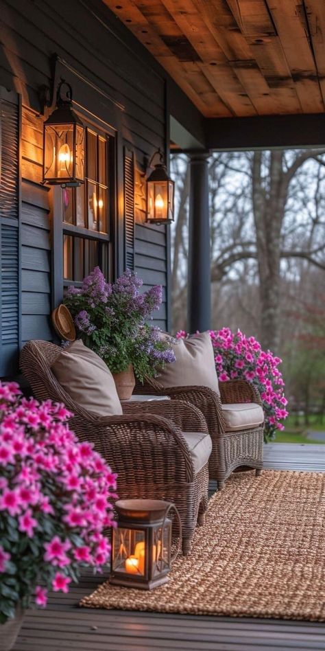 Spring Porch Decor, Vibeke Design, Porch Makeover, Country Porch, Casa Country, Summer Porch, Front Porch Decorating, Porch Design, Outdoor Patio Decor