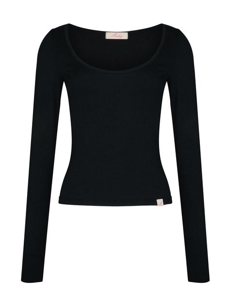 This Basic Long Sleeve T-shirt is a versatile wardrobe essential with a modern twist. It features a deep round neckline that makes your look stylish.- Bottom point label detail as a refined touch- Soft modal fabric for ultimate comfort- Appropriate length allowing for versatile looks Cute Shirts Long Sleeve, Black Fitted Long Sleeve Top Outfit, Long Sleeve Basic Top, Basic Long Sleeve Tops, Tight Black Long Sleeve Shirt, Long Sleeve Shirts Aesthetic, Black Longsleeves Outfit, Long Sleeve Shirts Black, Tight Long Sleeve Shirt