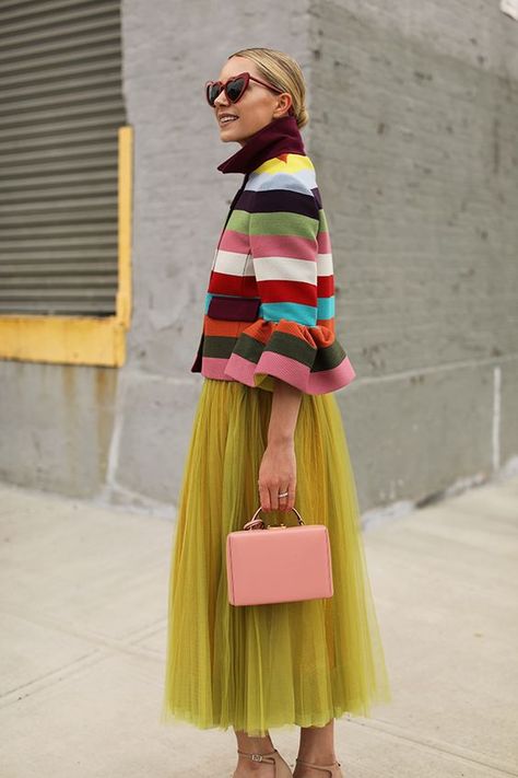 Neon Skirt Outfit, Full Skirt Outfit, Brooklyn Blonde, Blair Eadie, Atlantic Pacific, Sunday Style, Mark Cross, Mary Katrantzou, Striped Jacket