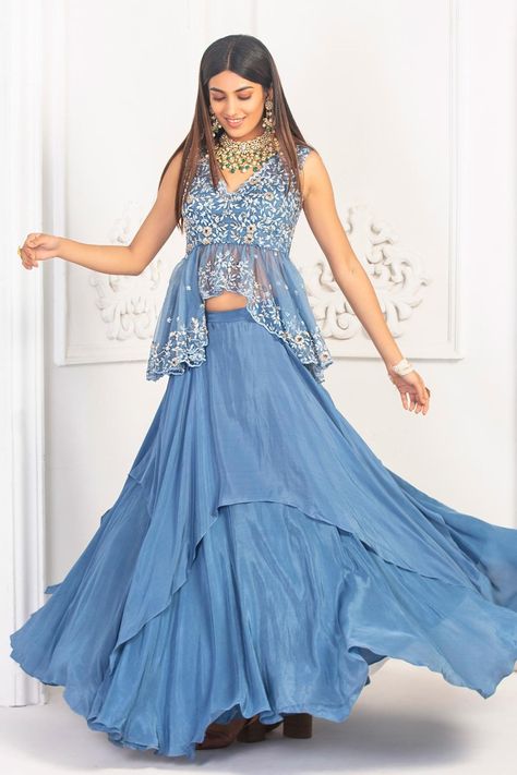 Blue designer layered peplum lehenga and blouse set Peplum Blouse Indian, Skirt And Top Indian, Peplum Lehenga, Layered Lehenga, Blue Korean, Cutdana Embroidery, Crop Top Lehenga, Fashionable Saree Blouse Designs, Cocktail Outfit