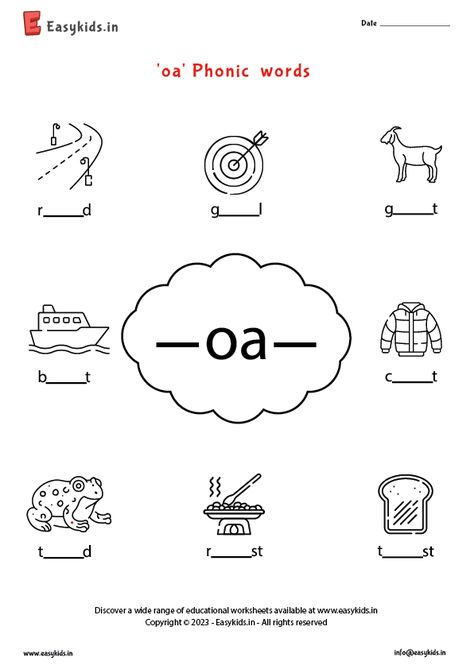 Oa Words Worksheet, Oa Words, Vowel Teams Worksheets, Teaching Vowels, Digraphs Worksheets, Digraph Words, Words Worksheet, Cvc Words Worksheets, Phonics Flashcards