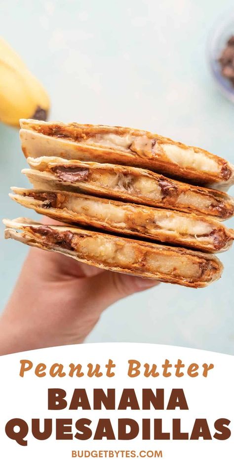 Peanut butter banana quesadillas are a quick and easy single-serving dessert that you can make in minutes with pantry staples! BudgetBytes.com Banana Quesadilla, Dessert Quesadilla, Kids Cooking Recipes, Banana Dessert, Pantry Staples, Peanut Butter Banana, Breakfast For Kids, Quesadillas, Breakfast Dishes