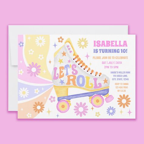 Retro Roller Skating Disco Birthday Party Invitation Color Palette Pastel Pink, 80s Roller Skating, Retro Roller Skating, Roller Skating Birthday Party, 1 Year Birthday Party Ideas, White Roller Skates, Skating Birthday Party, Disco Birthday, Disco Birthday Party