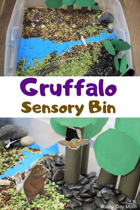 The Gruffalo inspired sensory bin for toddlers and preschoolers made with natural materials and downloadable finger puppets.    #thegruffalo #sensorybin #sensoryplay #sensorybox #sensorytray #rainydaymum World Book Day Sensory Play, Gruffalo Sensory Activities, Gruffalo Crafts For Toddlers, Gruffalo Sensory Play, The Gruffalos Child Activities, The Gruffalo Activities Preschool, Gruffalo Activities Preschool, Gruffalo Tuff Tray Ideas, Gruffalo Tuff Tray