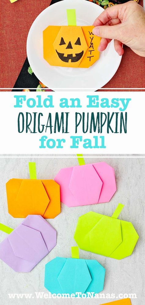 Have fun folding an Easy Origami Pumpkin for Fall Halloween or Thanksgiving Decorations. A quick and easy paper craft for kids! #WelcometoNanas #OrigamiPumpkin #OrigamiTutorial #EasyOrigami Fall Origami, Thanksgiving Table Place Cards, Origami Food, Origami Pumpkin, Fall Paper Crafts, Paper Craft For Kids, Autumn Paper, Origami Folding, Easy Origami