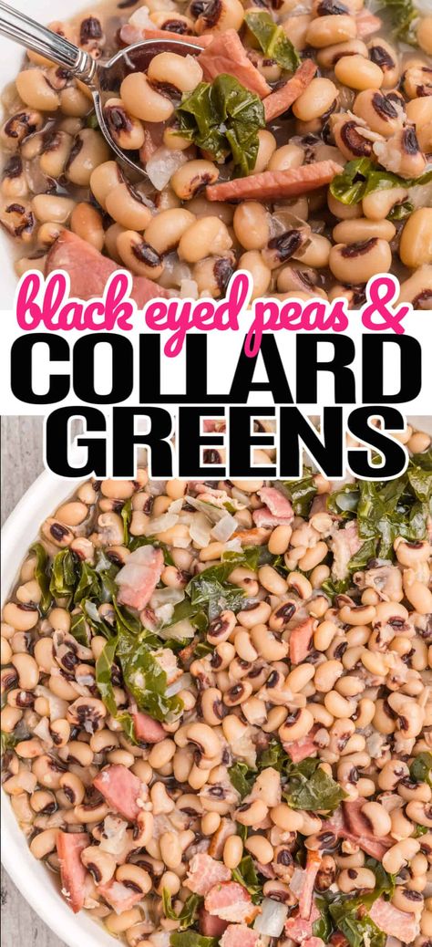 Ring in the New Year, and lots of luck, with a traditional Southern dish of Black Eyed Peas and Collard Greens! #RealHousemoms #blackeyedpeas #collardgreens #collards #sidedish #southernfood #newyearseve #newyearsday #newyear Black Eyed Peas New Years Good Luck, Blackeyed Peas And Collard Greens, Collard Greens And Black Eyed Peas, Black Eyed Peas And Collard Greens, Black Eyed Peas New Years, New Years Black Eyed Peas, Black Eyed Peas Recipe New Years, Black Eyed Peas Collard Greens, Black Eyed Peas And Greens