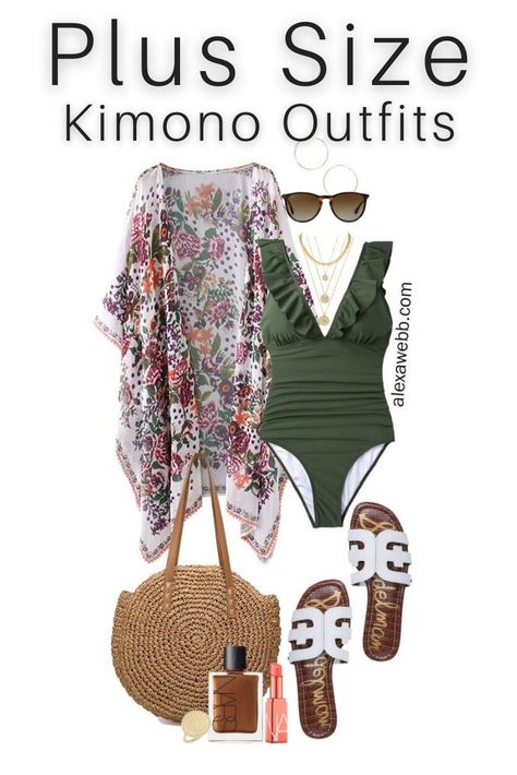 Plus Size Beach Vacation Outfits with a swimsuit, boho kimono, slide sandals, and straw tote - Alexa Webb Plus Size Hawaii Outfits, Plus Size Resort Wear Outfits, Outfits With Denim Shorts, Plus Size Beach Cover Ups, Beachwear Inspiration, Plus Size Cruise Outfits, Beach Festival Outfit, Plus Size Resort Wear, Plus Size Beach Outfits