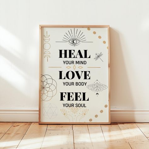 Spiritual poster, mind body soul, healing art, chakra poster, holistic gifts, aura poster, meditation room, yoga room decor, mental health von ConsciousChicShop auf Etsy Mindful Home Decor, Wellness Room Office, Mind Body Spirit Art, Soul Healing Art, Boho Meditation Space, Zen Room Ideas, Yoga Meditation Room Decor, Healing Room Decor, Wellness Poster