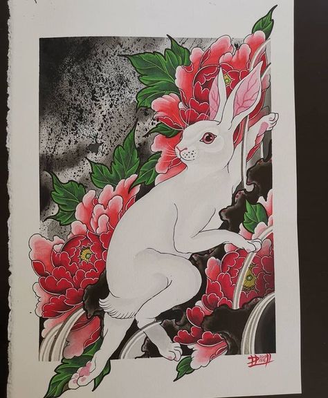 Animal Spirit Tattoo, Usagi Rabbit, Peach Tattoo, Full Tattoo, Bunny Tattoos, Frog Tattoos, Chinese Tattoo, Rabbit Tattoos, Asian Tattoos