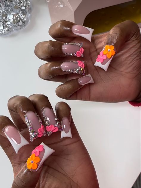 Flower Duck Nails, 3 D Flower Nails, Vacation Nail Inspiration, Cute Vacation Nails, 3d Flower Nails, Duck Nails, Long Acrylic Nail Designs, Colored Acrylic Nails, Dope Nail Designs