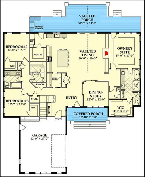 This exclusive 3-bedroom New American house plan has a board and batten exterior and shed dormers above the 2-car courtyard-entry garage giving you light and head space for the bonus room above the garage. Spacious service areas accommodate any size family, and the owner's suite is separated from the other bedrooms adding privacy. A vaulted ceiling in the living room, which extends onto the back porch, offers a feeling of grandeur, while the open layout connects the share living space for easy, Sink Window, Board And Batten Exterior, Barn Houses, Log Home Floor Plans, American House Plans, Courtyard Entry, Shed Dormer, Hidden Spaces, Southern House