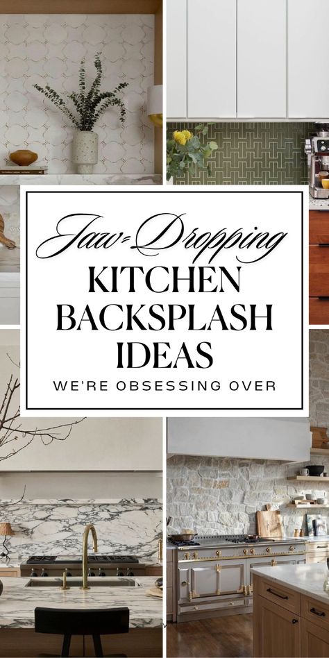 On the hunt for beautiful, modern kitchen backsplash ideas? We're had our finger on the pulse of 2024 kitchen backsplash trends, and we are OBSESSING over these new these insanely pretty kitchen counter and backsplash ideas that we're sharing today. From beautiful stone backsplash kitchen inspirations to tile backsplash ideas and beyond - these gorgeous kitchens are a must-see for any kitchen remodel or kitchen reno! Gray Glass Tile Backsplash Kitchen, Kitchen Backsplash Ideas For Cherry Cabinets, Italian Kitchen Backsplash Ideas, Kitchen Island And Backsplash Ideas, Backsplash Ideas With Dark Countertops, Arabesque Kitchen Backsplash, Kitchen Backsplash Patterned Tile, Craftsman Backsplash Kitchen, Two Different Backsplashes In Kitchen