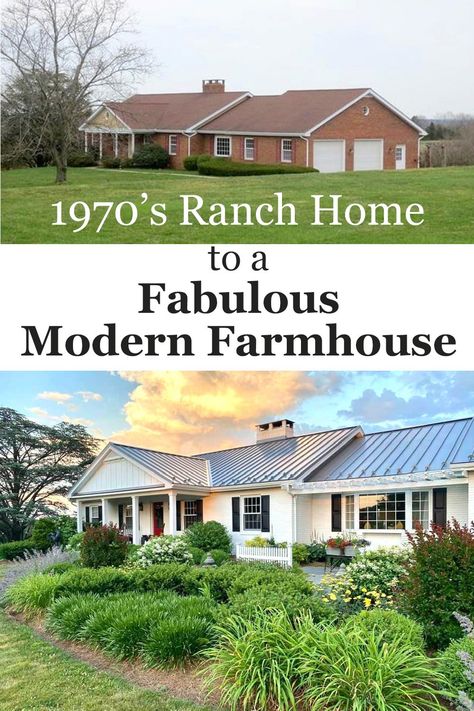 Discover how a dated red brick house was transformed into a stunning white-clad, modern farmhouse. Get inspired by this exterior home makeover, perfect for those seeking unique updating ideas. Click to see the amazing before and after pictures. Ranch Redo Before And After, Red Brick Ranch Exterior, Red Brick Ranch House, Brick Ranch House Exterior, Brick Ranch Remodel, Red Brick Ranch, Ranch Exterior Makeover, Brick Ranch Exterior, Brick House Exterior Makeover